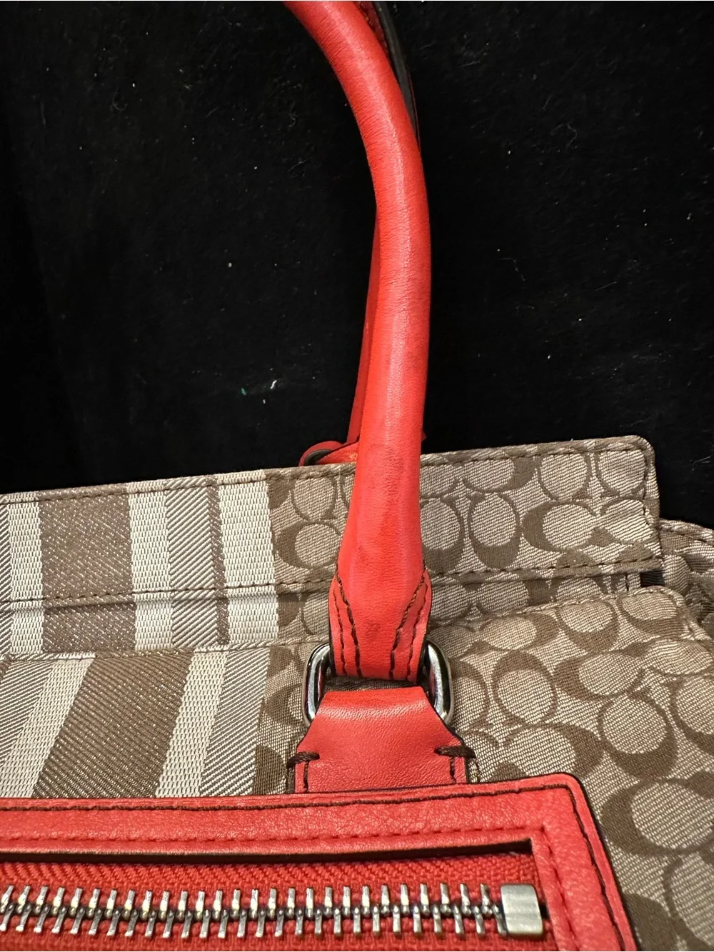 Coach Cadence Legacy Signature Carryall Canvas Tote with Coral Red Leather Trim - Picture 4 of 15